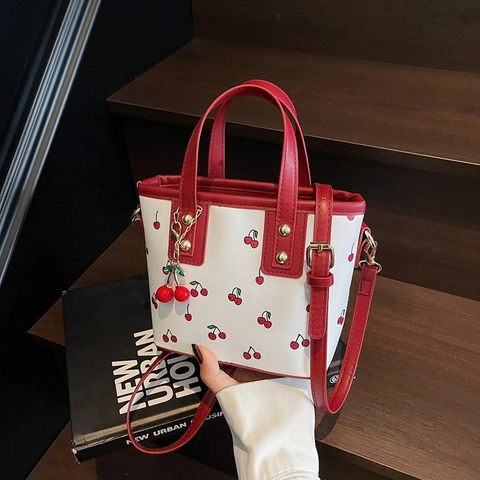 Moda Donna Borsa a Secchiello con Stampa Ciliegie Dolce Borsa in Pelle PU con Tracolla Regolabile e Ciondolo Ciliegia per Pendolari