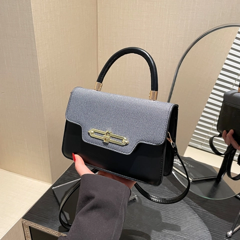 Bolso de Hombro para Mujer con Empalme de Color de Contraste Cuero de PU Solapa Tejida Bolso de Mano Minimalista Bandolera Pequeña