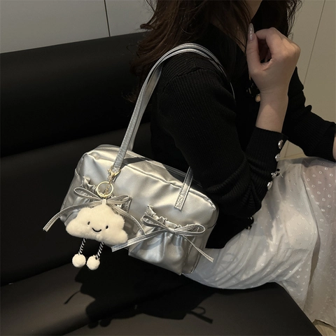 Borsa a Tracolla da Donna in Pelle PU con Decorazione a Fiocco Tinta Unita Casual Piccola Borsa a Mano per Uso Quotidiano