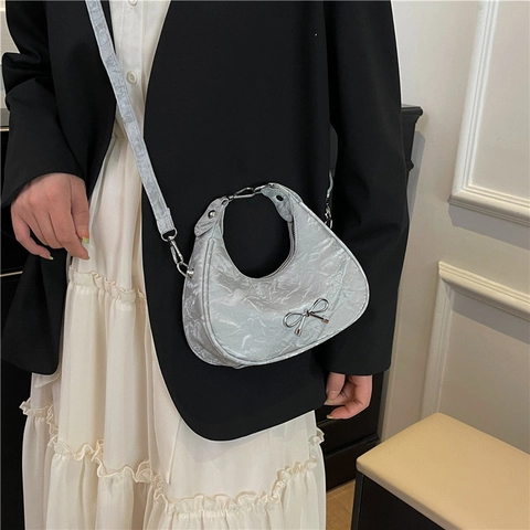 French Style Bowknot Pleated Hobo Bag For Women Vintage PU Leather Shoulder Underarm Bag Fashion Crescent Handbag Baguette Bag