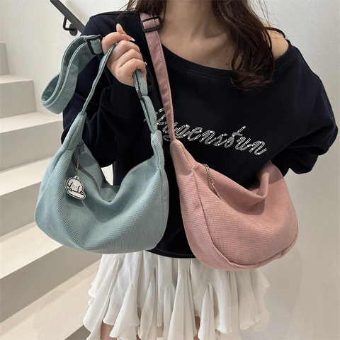 Women's Corduroy Half Moon Crossbody Bag Casual Japanese Style Hobo Shoulder Bag With Cute Cartoon Puppy Pendant Tote Bag