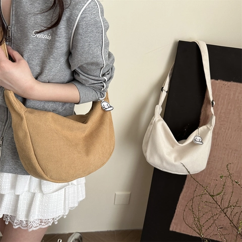 Women's Corduroy Half Moon Crossbody Bag Casual Japanese Style Hobo Shoulder Bag With Cute Cartoon Puppy Pendant Tote Bag