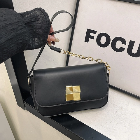 Borsa a Tracolla alla Moda in Pelle PU da Donna Fibbia in Metallo Quadrata Oro Tinta Unita Con Tracolla a Catena Patchwork