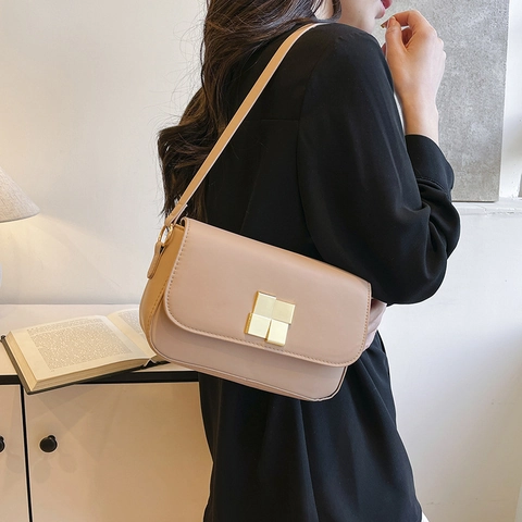 Borsa a Tracolla alla Moda in Pelle PU da Donna Fibbia in Metallo Quadrata Oro Tinta Unita Con Tracolla a Catena Patchwork