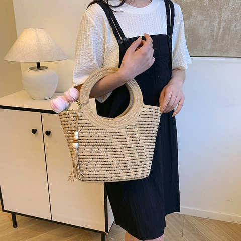 Damen Sommer Stroh Gewebte Handtasche Runder Griff Strand Urlaub Tragetasche Mit Quaste Holzperlen Punktmuster Pastoraler Stil
