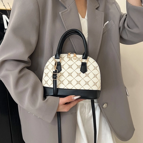 Sac Bandoulière Coquille en Cuir PU Imprimé Monogramme Vintage Pour Femmes Sac à Main Patchwork de Mode Avec Fermeture Éclair Dorée