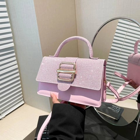 Women Fashion Glitter Patchwork Handbag Gold Buckle Small Square Crossbody Bag With Detachable Adjustable Shoulder Strap PU Leather Party Clutch