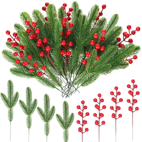 PE Kunststof Kunstmatige Dennennaalden En Rode Bessenstengels Voor DIY Kerstambachten Home Holiday Party Decoratie Accessoires