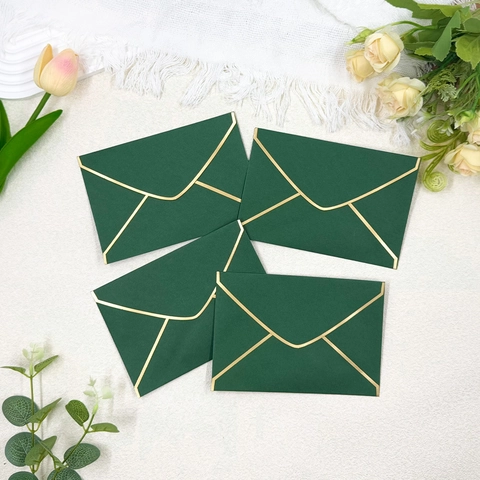 Buste di Carta Verde Scuro Retrò Con Bordo in Foglia d'Oro Buste per Inviti con Lembo a V per Matrimonio Festa Biglietti d'Auguri