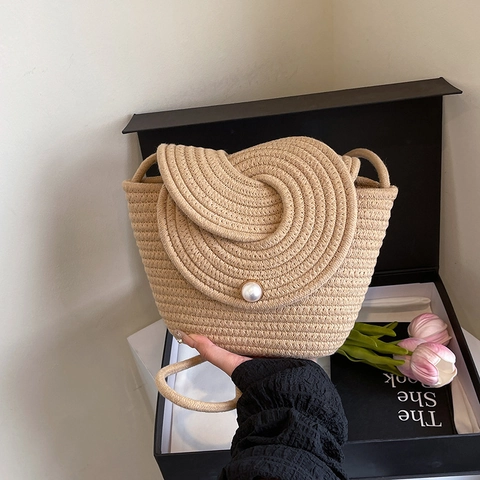Bolso de Cubo Tejido de Paja Vintage Francés para Mujer Con Decoración de Perlas Artificiales de Imitación Bolso Bandolera de Playa Verano