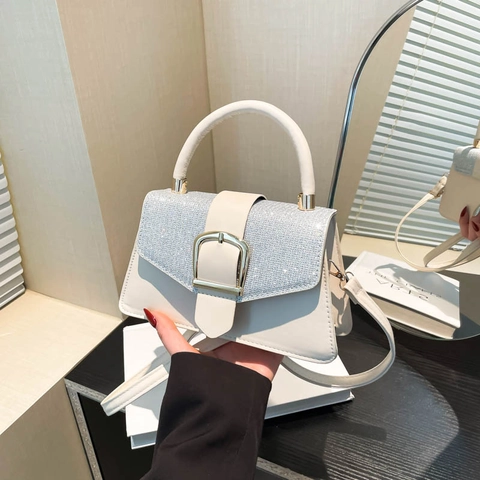 Women Fashion PU Leather Sequin Splicing Crossbody Bag With Large Gold Buckle Top Handle Shoulder Handbag Square Tote Bag For Daily Party