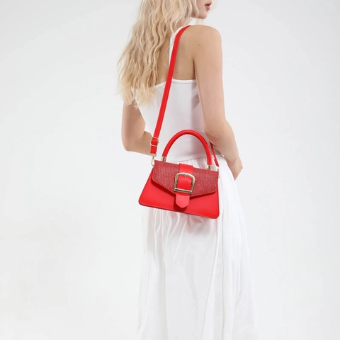 Women Fashion PU Leather Sequin Splicing Crossbody Bag With Large Gold Buckle Top Handle Shoulder Handbag Square Tote Bag For Daily Party