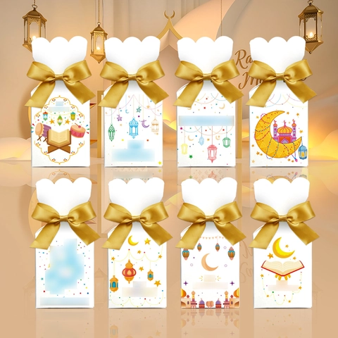 Cajas De Regalo Ramadan Eid Mubarak Cartulina Blanca Bolsas Dulces Con Cinta De Raso Dorada Patrón Mezquita Luna Fiesta