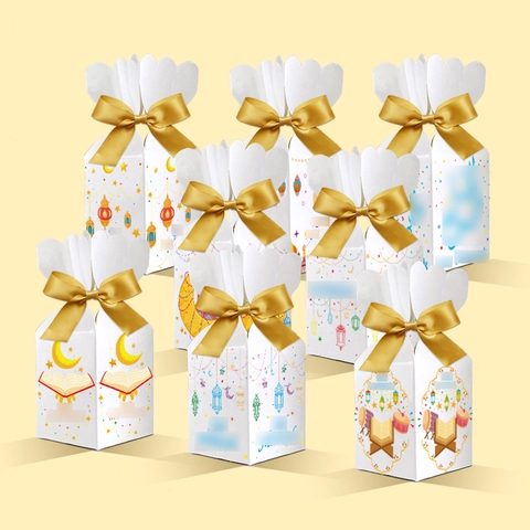 Ramadan Eid Geschenkboxen Aus Weißem Karton Mit Goldenen Bändern Und Moschee-Mustern Für Festliche Party-Gastgeschenke Und Verpackungen