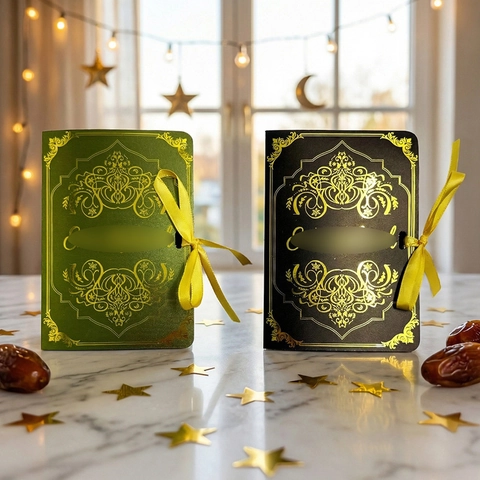 Κουτί Δώρου Eid Mubarak σε Σχήμα Βιβλίου Χαρτόνι Χρυσή Θερμοτυπία Φεγγάρι Αστέρι Σχέδιο Κουτί Γλυκών Με Σατέν Κορδέλα για Ραμαζάνι