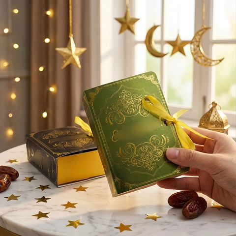 Κουτί Δώρου Eid Mubarak σε Σχήμα Βιβλίου Χαρτόνι Χρυσή Θερμοτυπία Φεγγάρι Αστέρι Σχέδιο Κουτί Γλυκών Με Σατέν Κορδέλα για Ραμαζάνι