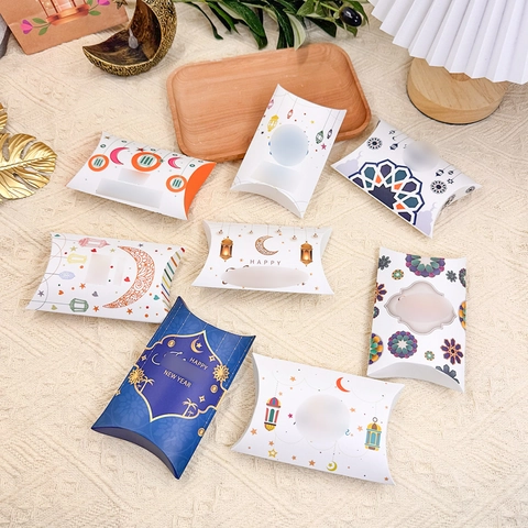 Scatole Regalo a Forma di Cuscino Ramadan Eid Mubarak Motivo Luna Stella Lanterna Scatola di Caramelle in Cartone per Festa