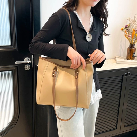 Bolso de Mano Vintage de Cuero PU con Color de Contraste Gran Capacidad Bolso de Hombro para Mujer con Anillo de Metal Remaches Bolso Casual
