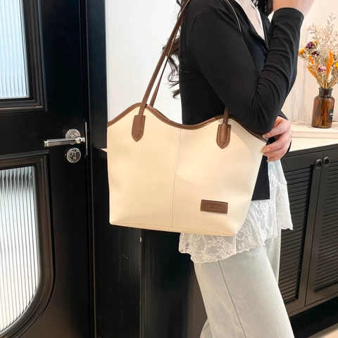 Vintage Large Capacity Contrast Color PU Leather Tote Bag For Women Fashion Simple Single Shoulder Underarm Commuting Bag