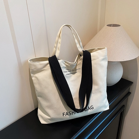 Borsa Tote in Tela Stile Coreano Per Donna Stampa Di Lettere Grande Capacità Semplice Borsa A Spalla Casual Per Uso Quotidiano