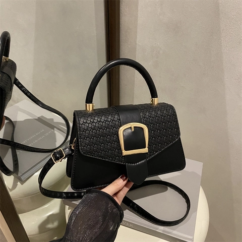 Women PU Leather Woven Flap Shoulder Bag Small Square Crossbody Bag With Metal Buckle Casual Fashion Handbag