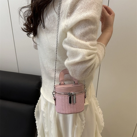 Damen Mini Eimertasche Gewebtes PU Leder Nähte Silberkette Zylinder Handtasche Urlaub Stil Umhängetasche Kleine Schultertasche