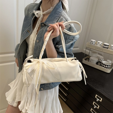 Borsa Sottobraccio in Pelle PU da Donna Con Decorazione a Fiocco in Pizzo Nastro Dolce Semplice Borsa a Spalla per Pendolari