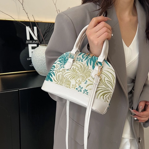 Women Fashion Embroidered Shell Bag Contrast Color PU Leather Handbag Crossbody Shoulder Bag Commuting Elegant Satchel