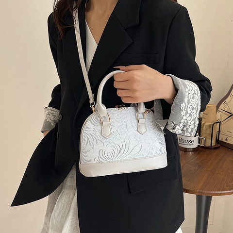 Women Fashion Embroidered Shell Bag Contrast Color PU Leather Handbag Crossbody Shoulder Bag Commuting Elegant Satchel