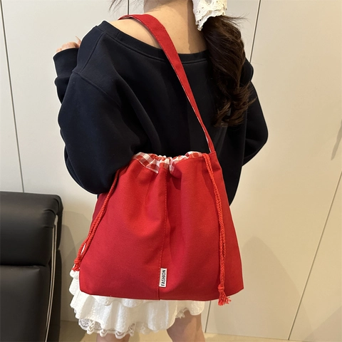 Damen Große Canvas Denim Tote Bag Lässig Kariert Kordelzug Umhängetasche Student Pendler Schule Kuriertasche