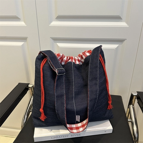Damen Große Canvas Denim Tote Bag Lässig Kariert Kordelzug Umhängetasche Student Pendler Schule Kuriertasche