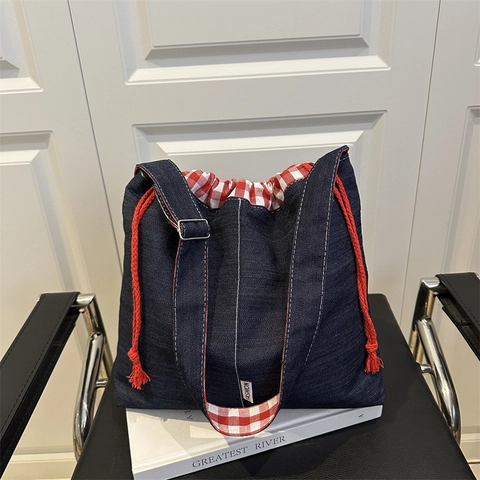 Borsa a Tracolla in Tela a Secchiello in Stile Giapponese di Grande Capacità per Donna Borsa a Spalla Casual con Fodera a Quadri