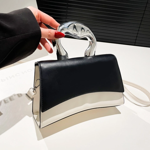 Bolso de Hombro de Cuero PU para Mujer Color de Contraste Con Asa de Metal Plateado Irregular Bolso de Mano de Moda
