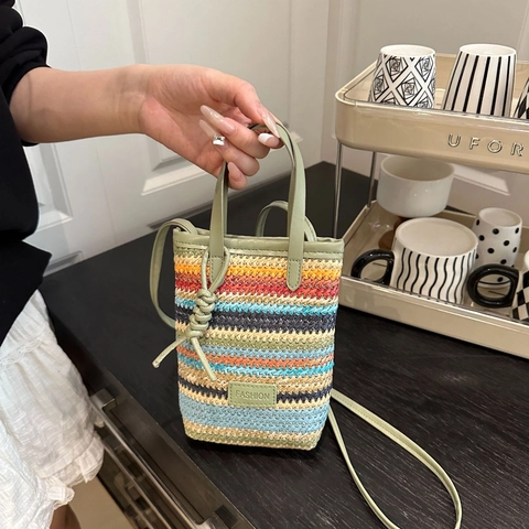 Mini Gestreifte Gewebte Umhängetasche Bunte Stroh PU Leder Griff Sommerurlaub Schulterhandtasche Für Frauen Casual