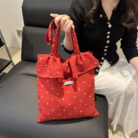 Women Sweet Korean Style Ruffle Floral Tote Bag Large Capacity Polyester Shoulder Handbag Pleated Seersucker Texture Daily Travel Bag