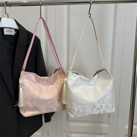 Vintage Spitze Jacquard Schmetterling Stickerei Umhängetasche Damen Neuer Chinesischer Stil Beuteltasche Mit Quastenanhänger Mode Tote