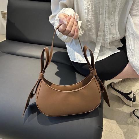Fashion Minimalist PU Leather Crescent Underarm Bag For Women Elegant Bow Knot Solid Color Half Moon Shoulder Bag Daily Handbag