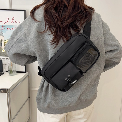 Unisex Fashion Nylon Crossbody Chest Bag Multi-Pocket Shoulder Bag With Transparent PVC Window Adjustable Strap For Travel Casual