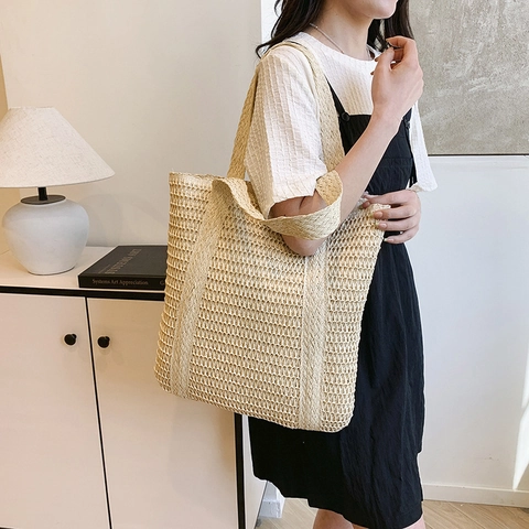 Damen Casual Geflochten Stroh Tote Bag Große Kapazität Ausschnitt Häkeln Umhängetasche Mit Quastenanhänger Urlaub Strandtasche