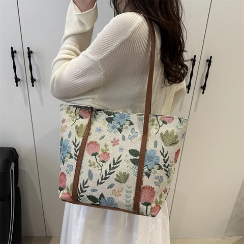 Sac Cabas Jacquard Floral Grande Capacité Rétro Sac À Main Épaule Avec Poignées En Cuir Mode Femmes Quotidien