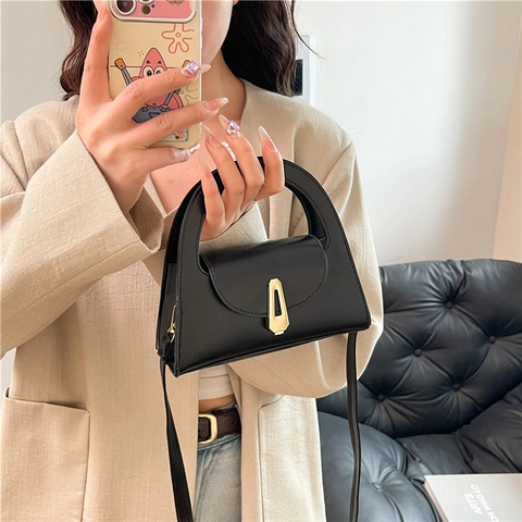 Women Retro PU Leather Handbag With Semi Circle Handle Gold Metal Lock Versatile Shoulder Crossbody Commuter Fashion Bag