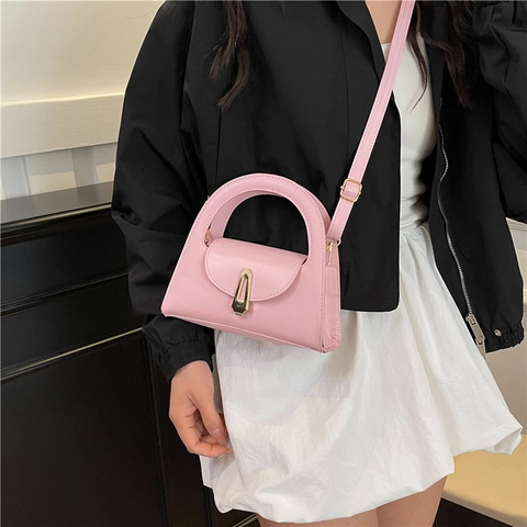 Women Retro PU Leather Handbag With Semi Circle Handle Gold Metal Lock Versatile Shoulder Crossbody Commuter Fashion Bag