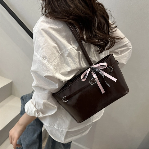 Women's Fashion Glossy PU Leather Underarm Shoulder Bag With Bow Knot Checkered Ribbon Decor Trendy Versatile Daily Commuter Tote Bag
