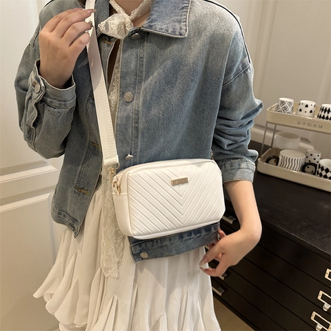 Women Quilted PU Leather Crossbody Bag Chevron Camera Bag Small Square Shoulder Bag Wide Fabric Strap Gold Metal Decor