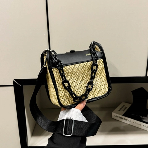 Women Fashion Straw Woven PU Patchwork Crossbody Bag Vintage Chunky Chain Shoulder Bag With Wide Adjustable Strap Square Satchel