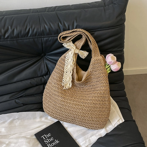 Grote Capaciteit Gevlochten Tote Tas Voor Vrouwen Retro Handgemaakte Schoudertas Met Kant Strik Detail Zomer Strand Vakantie Handtas