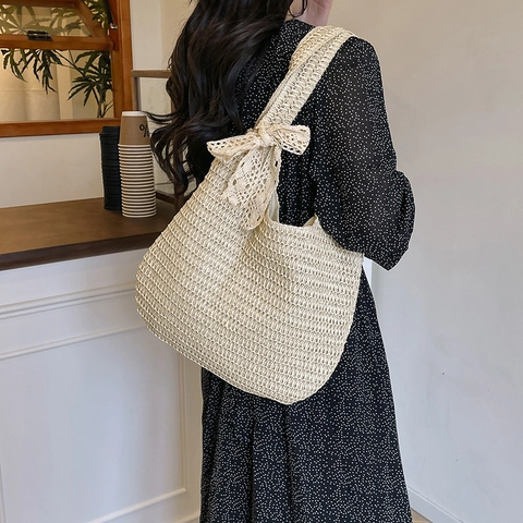 Grote Capaciteit Gevlochten Tote Tas Voor Vrouwen Retro Handgemaakte Schoudertas Met Kant Strik Detail Zomer Strand Vakantie Handtas