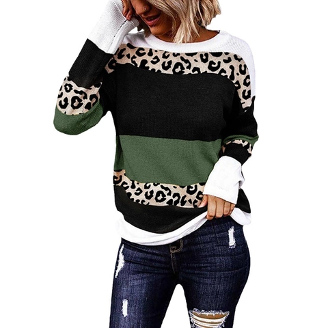 Dames Gebreide Top Met Kleurblok Strepen Luipaardprint Trui Met Lange Mouwen Ronde Hals Casual Losse Sweater