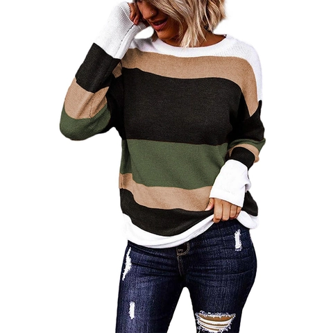 Dames Gebreide Top Met Kleurblok Strepen Luipaardprint Trui Met Lange Mouwen Ronde Hals Casual Losse Sweater