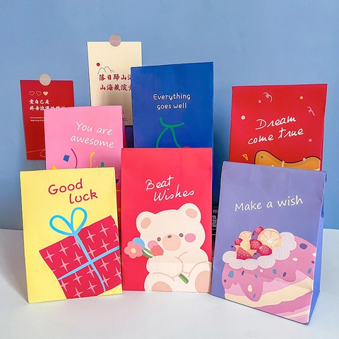 Sacs Cadeaux en Papier Kraft de Dessin Animé Avec Autocollants de Fermeture Motif Illustration Ours et Gâteau Mignons Sacs d'Emballage de Bonbons pour Fête d'Anniversaire